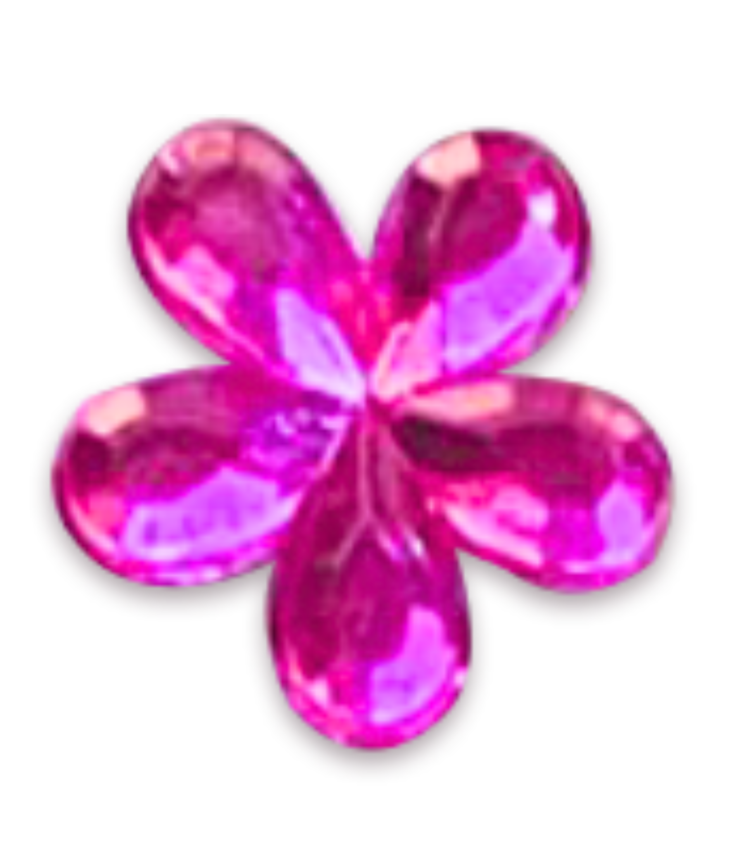 A pink, glossy, four-leaf clover-shaped gemstone with purple reflections.