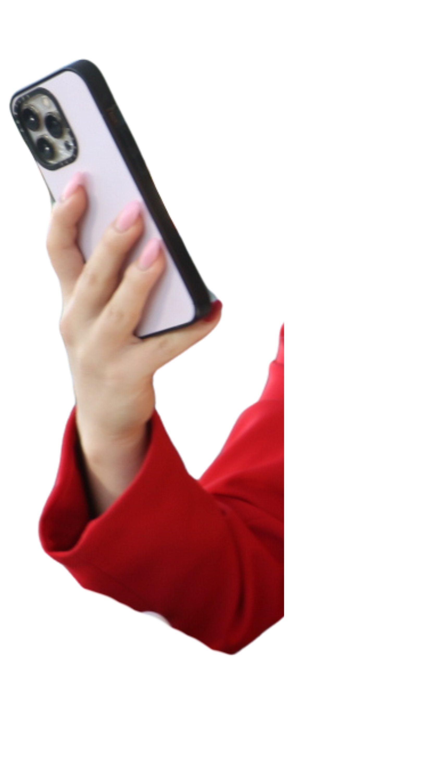 A person holding a smartphone with a triple-camera system on the back, wearing a red long sleeve