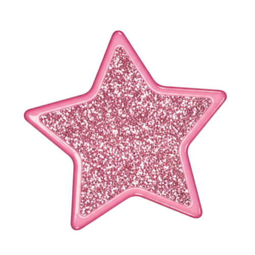 Pink glittery star shape with a metallic border on a dark background.