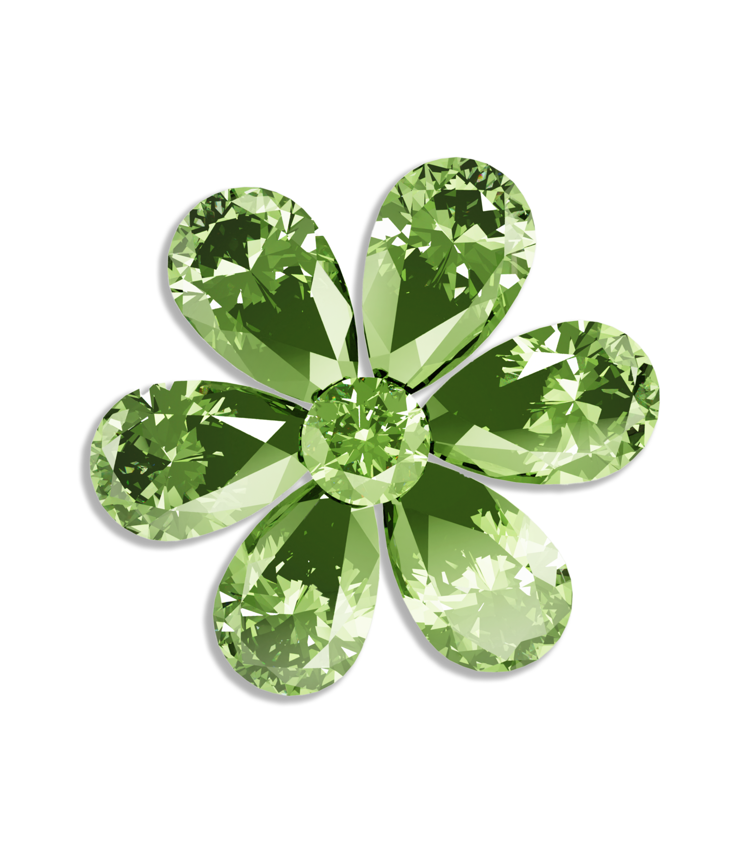 Green gemstone arranged in the shape of a flower with five petals and a central stone, all cut to enhance sparkle and brilliance.