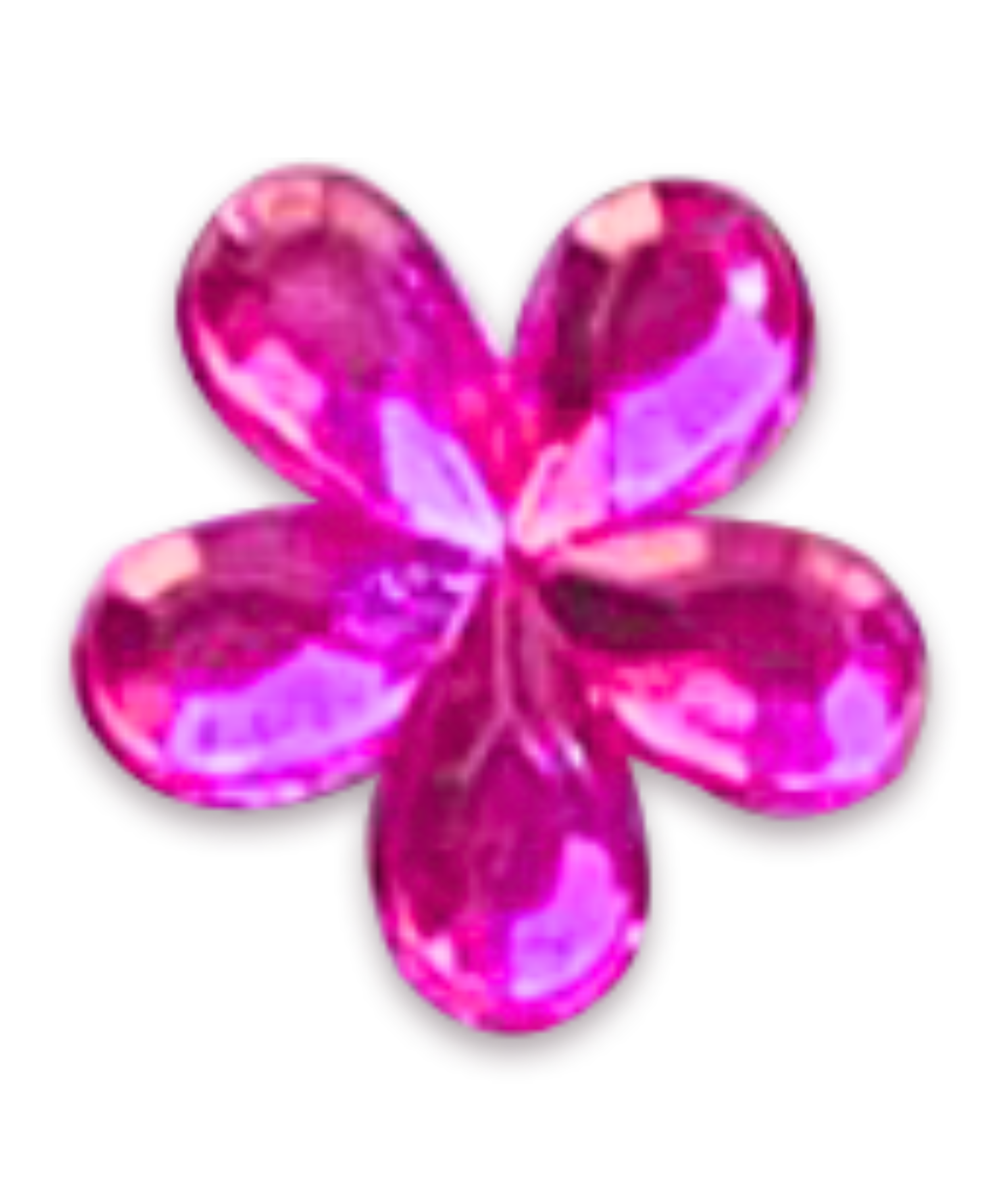 Pink, purple, and clear gemstone flower with five petals.