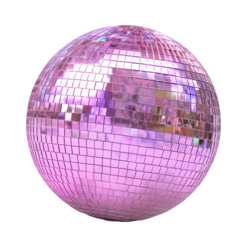 A pink disco ball with mirrored tiles reflecting light, placed on a purple surface against a black background.
