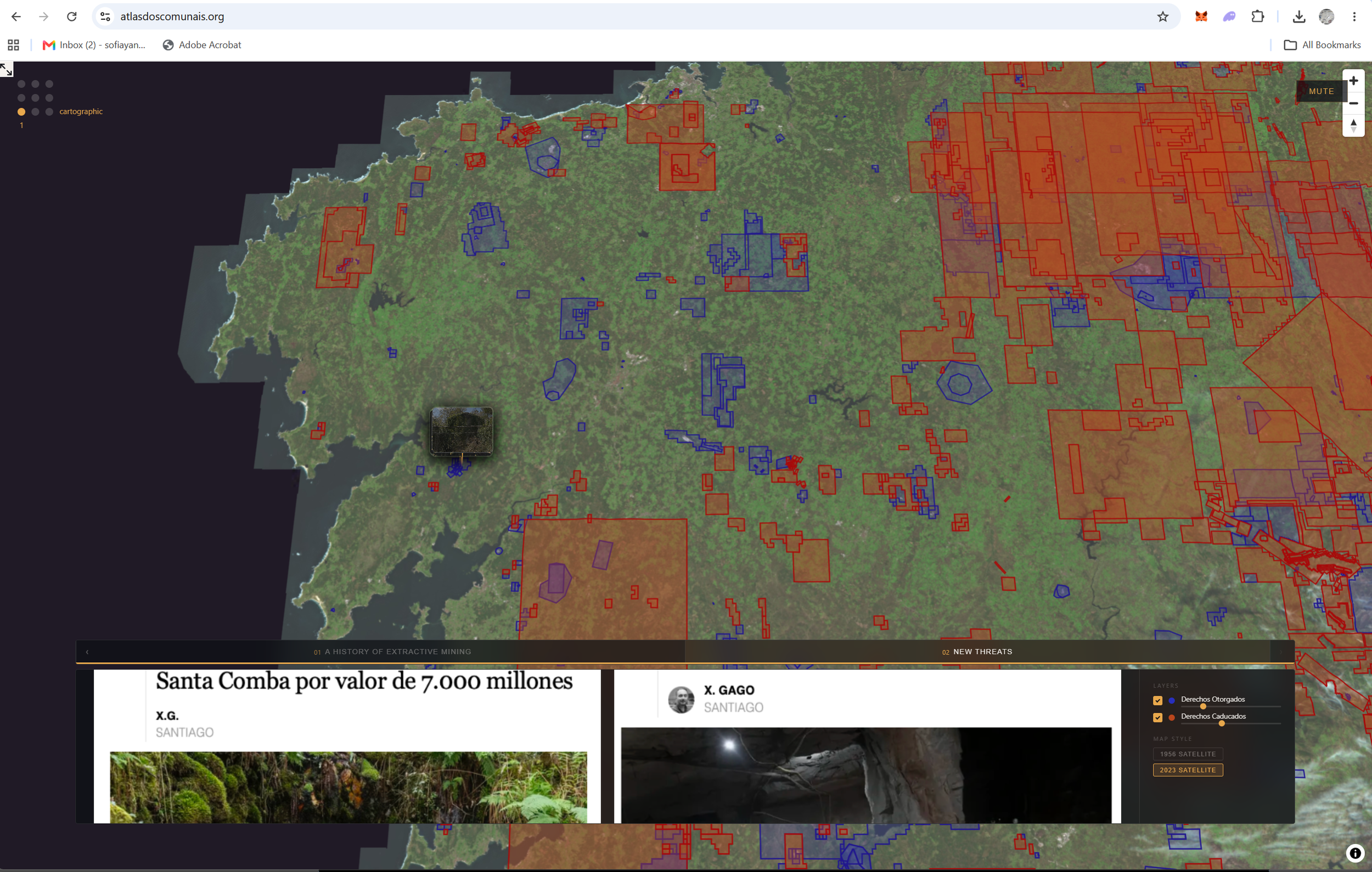 Screenshot of the Atlas of the Commons Assembly web platform, showing a map of Galicia with common lands and land-use overlays alongside linked news and archive entries.