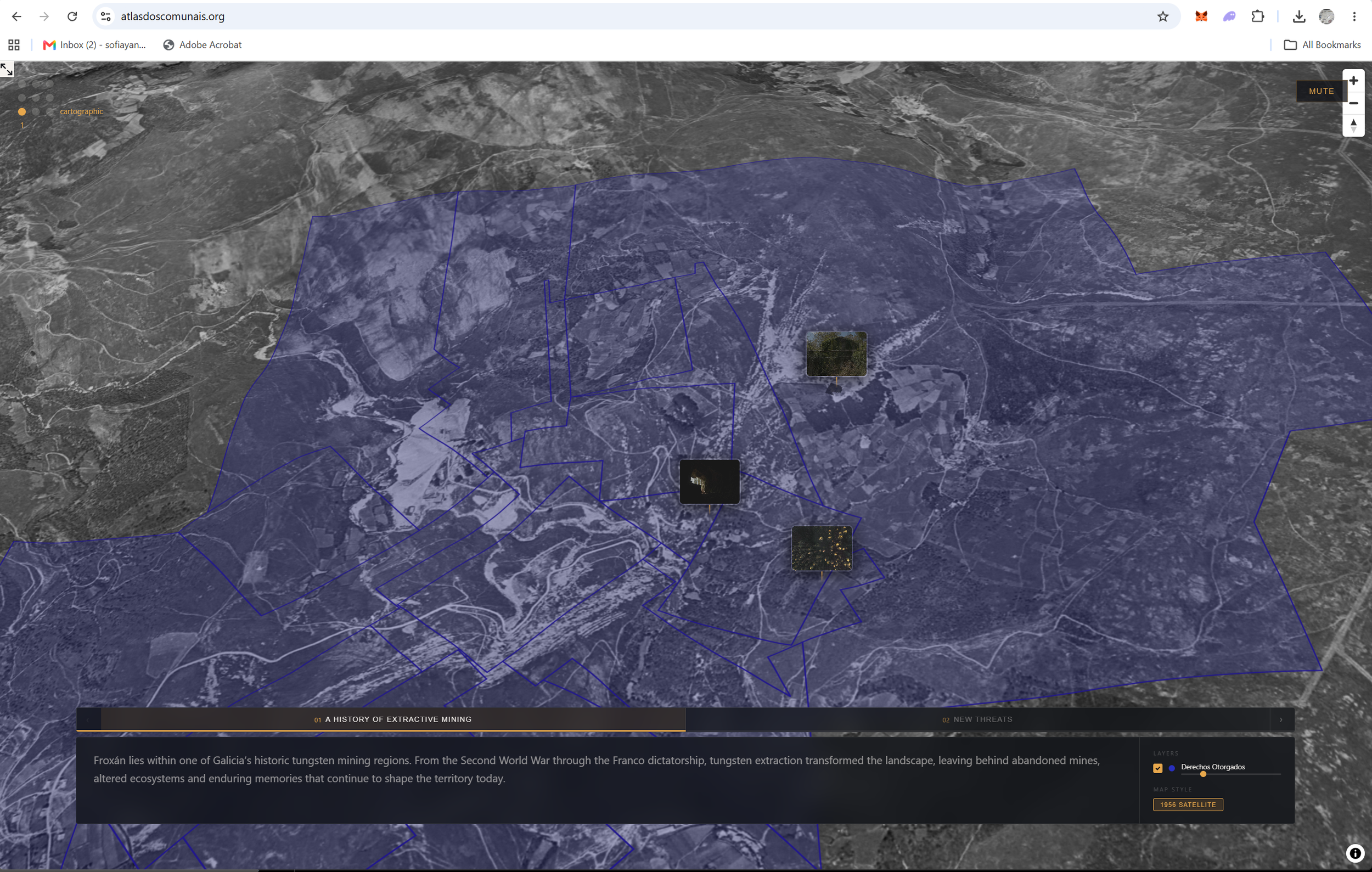 Screenshot of the Atlas of the Commons Assembly web platform, showing common land boundaries mapped over satellite imagery of Galicia.