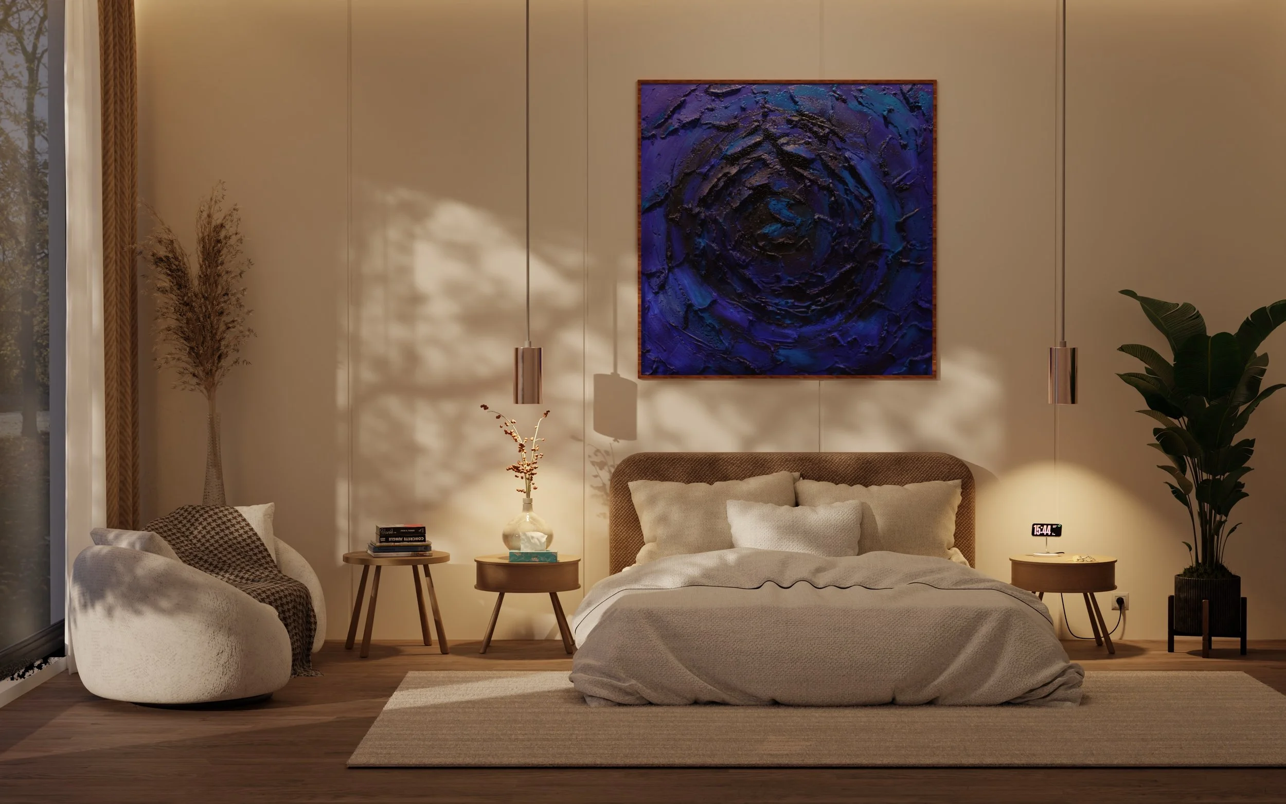 Living room with beige textured walls, a large abstract gold artwork, a floor lamp with a pleated shade, a table lamp, vases, and beige cushions on a sofa.