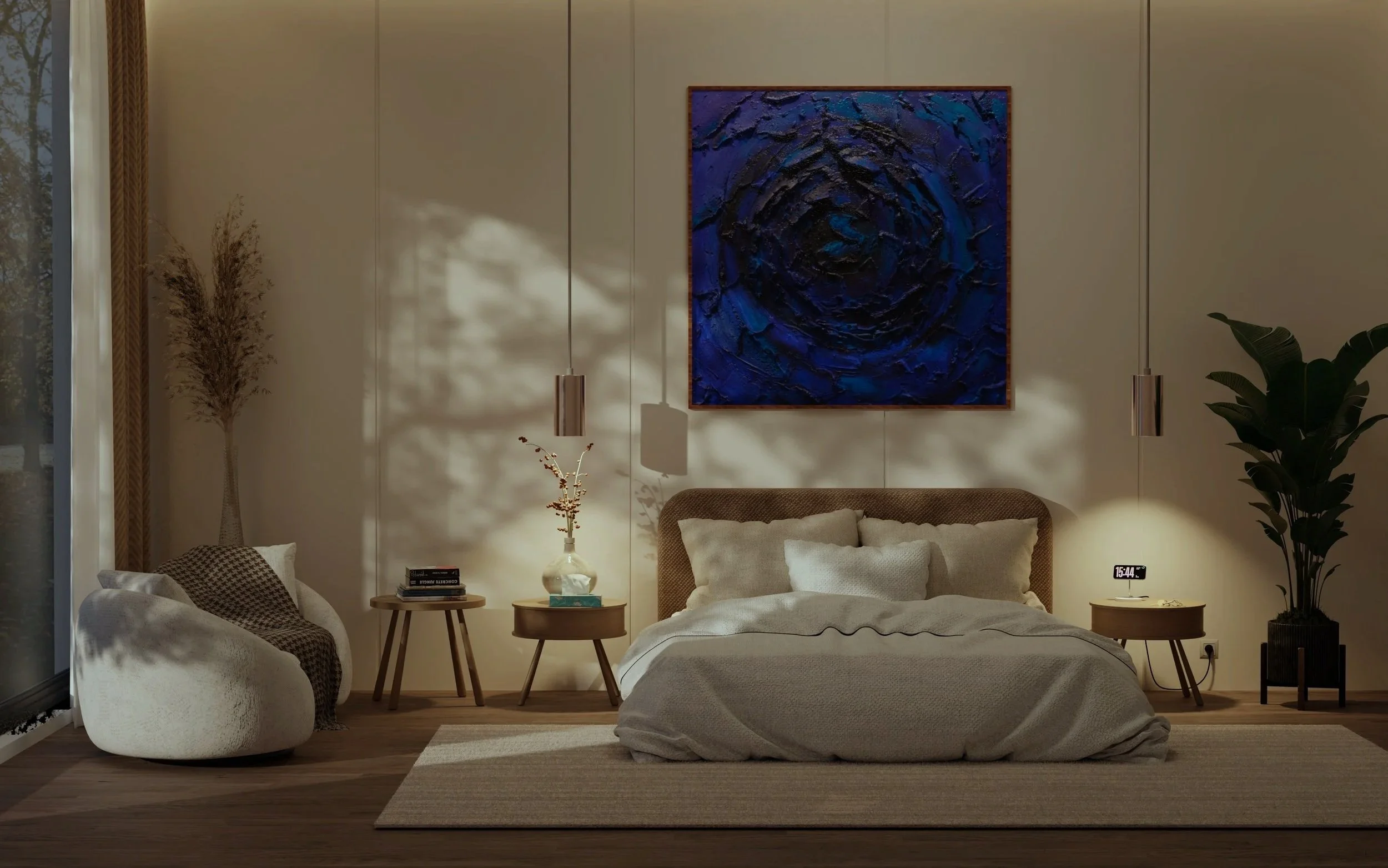 Living room with beige textured walls, a large abstract gold artwork, a floor lamp with a pleated shade, a table lamp, vases, and beige cushions on a sofa.