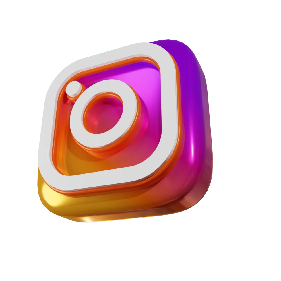 Logo di Instagram tridimensionale con sfumature di viola, rosa, arancione e oro.