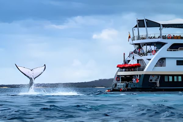 A whale tail emerging from the ocean next to a large yacht.