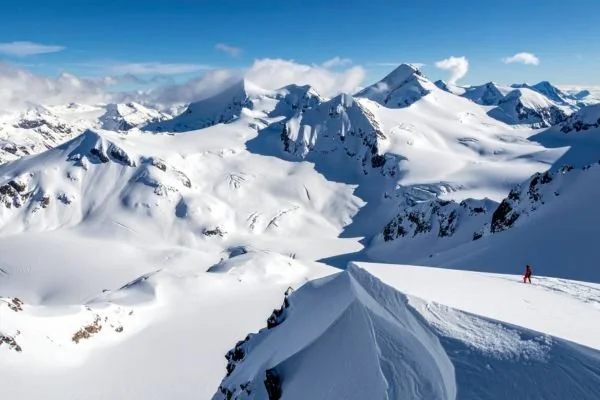 Snow-covered mountain range with clear blue sky, showing a person in red gear walking on the snow
