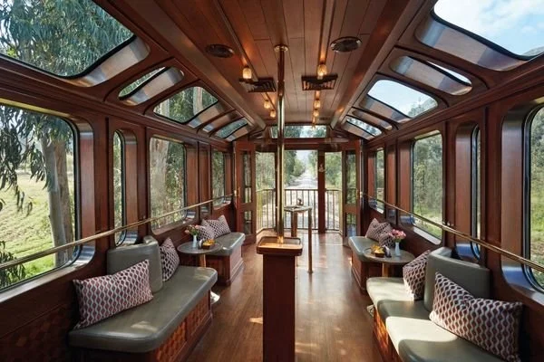 Interior of a vintage train carriage with wooden panels, large windows, and cushioned benches with pillows on either side, overlooking green scenery.
