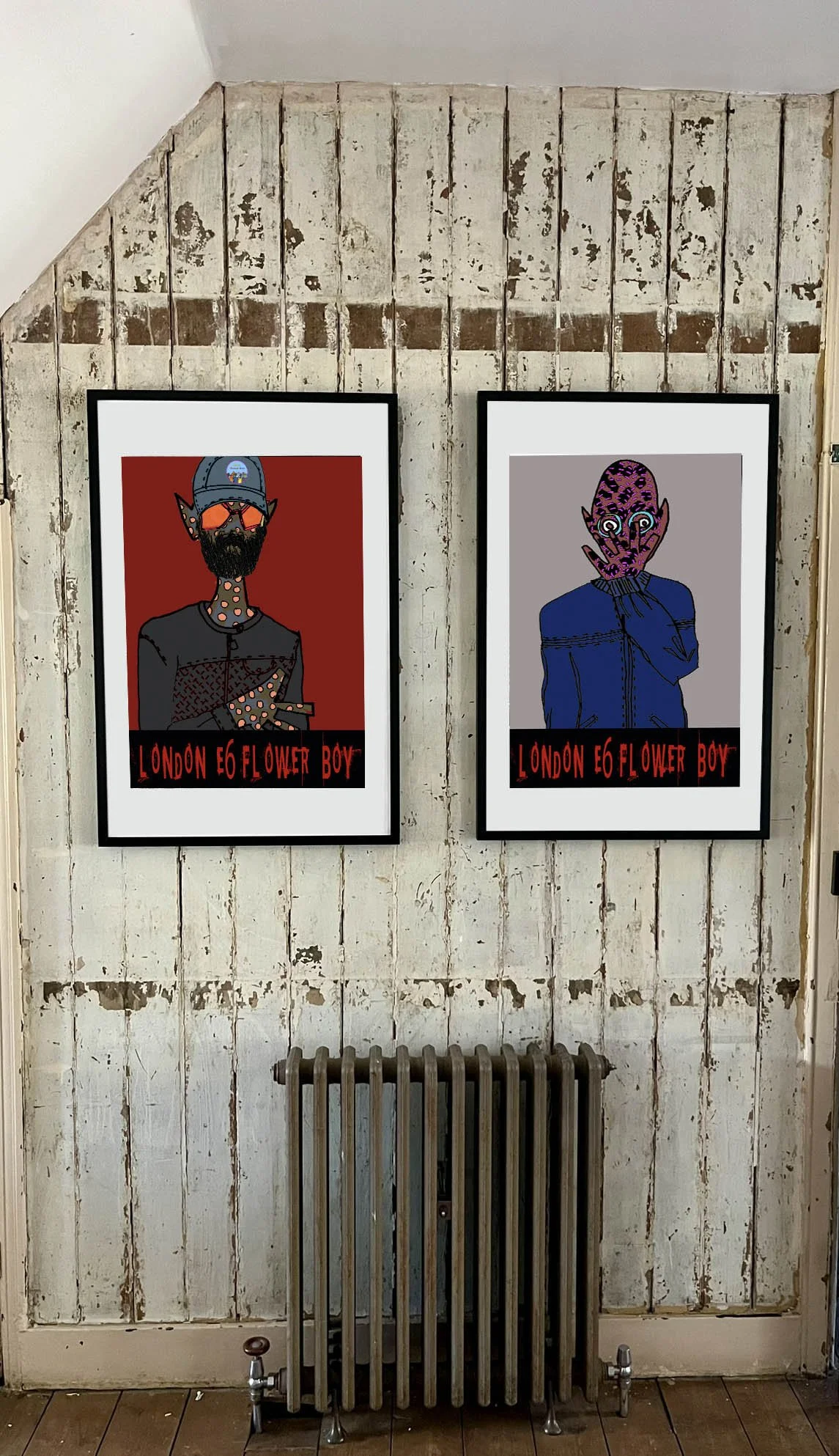 Wall view of two bold street art prints in black frames, highlighting their connection and visual rhythm..jpg