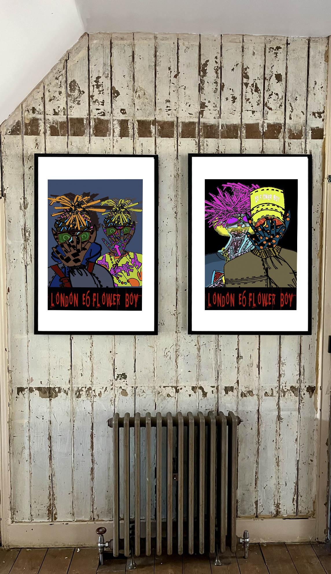 London E6 Flower Boys Drop 5 artwork displayed in an industrial East London setting featuring bold colourful characters..jpg