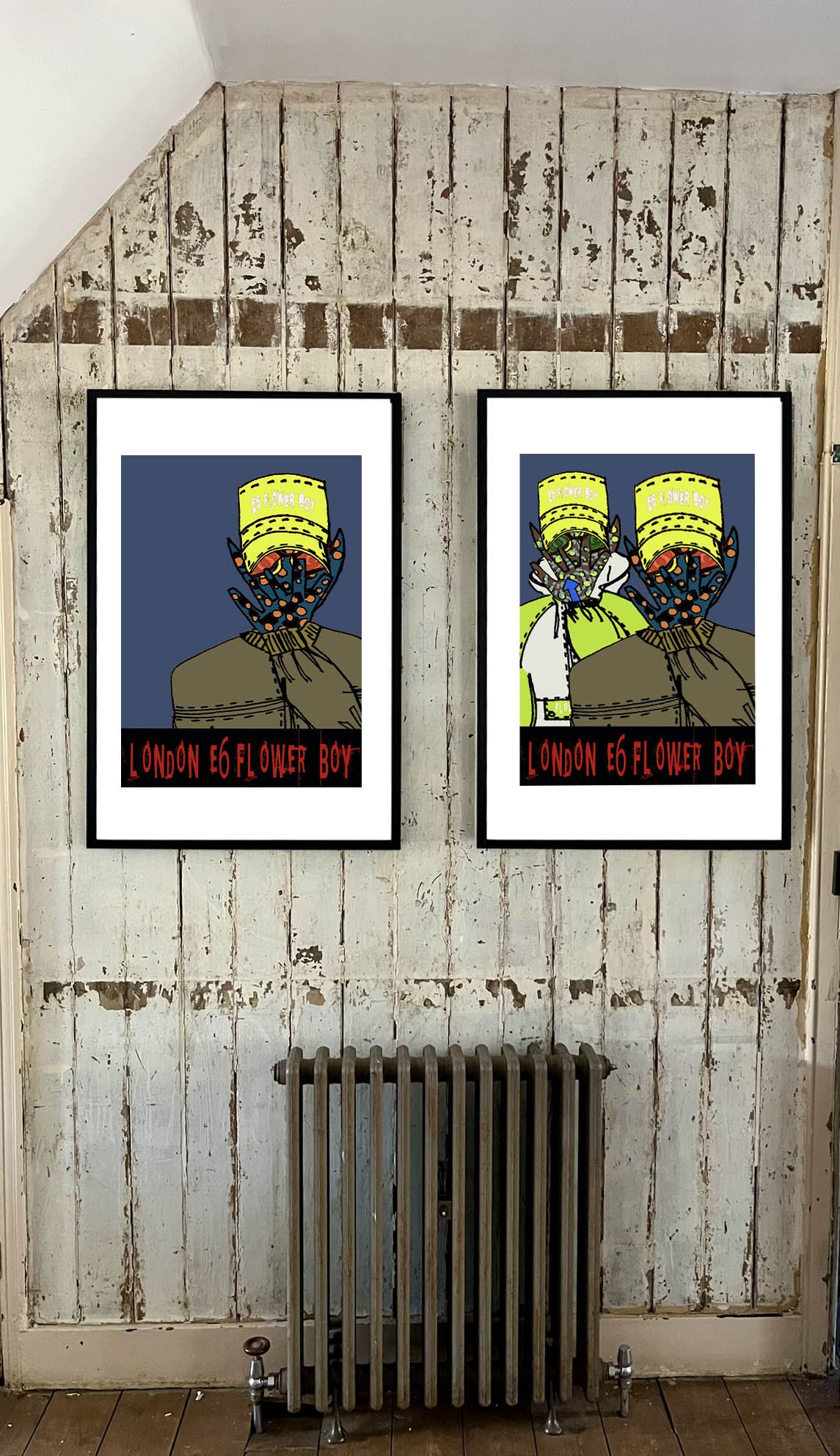 London E6 Flower Boys Drop 5 character prints displayed together in an industrial London interior..jpg