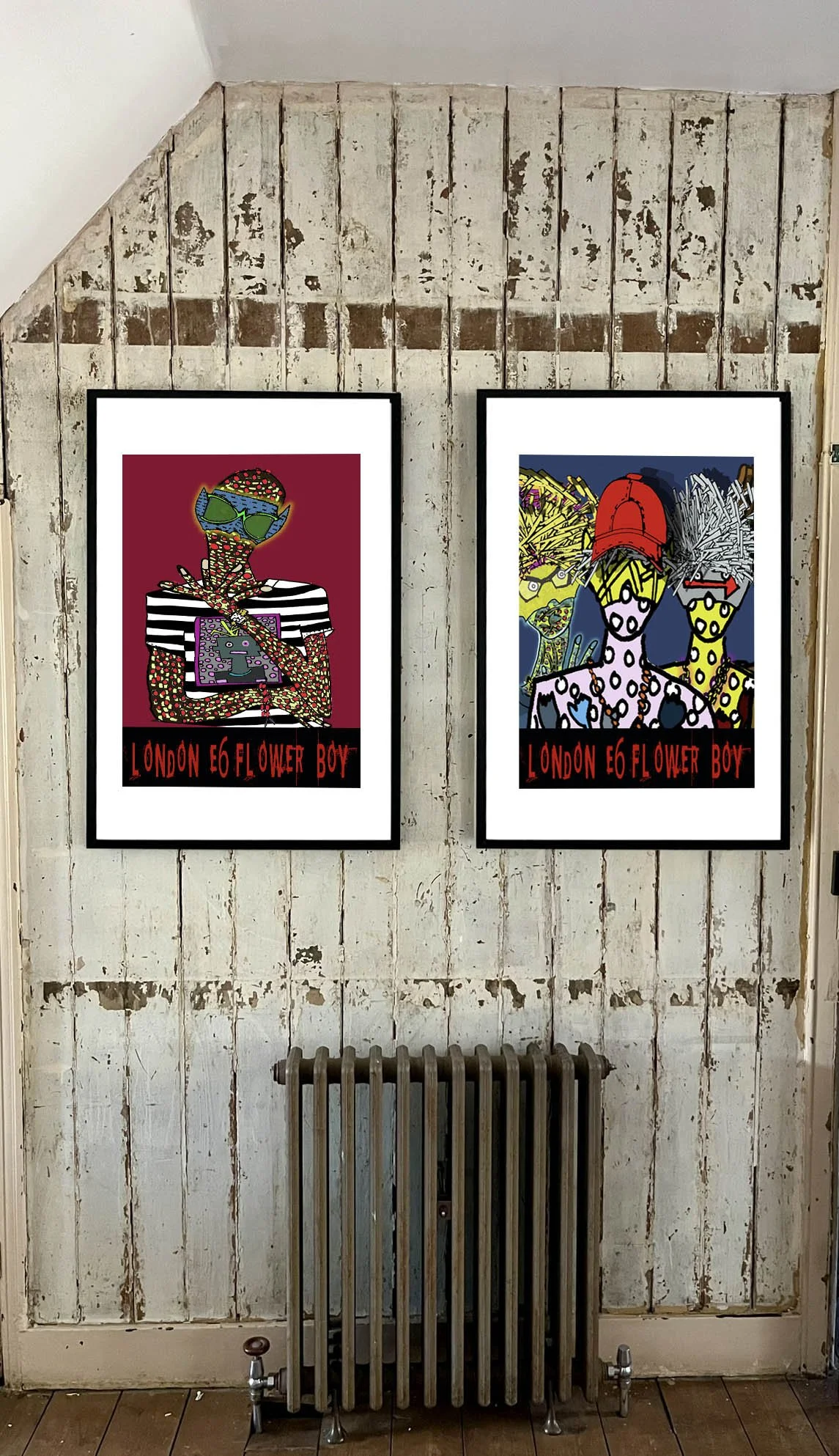 Contemporary art prints photographed side by side in frames to show scale, composition, and installation style..jpg