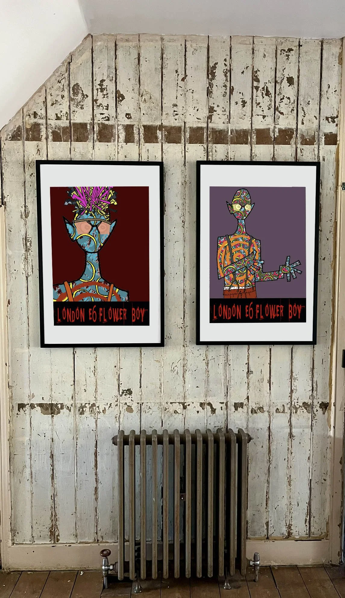Side-by-side display of two contemporary character art prints in black frames within a home setting..jpg