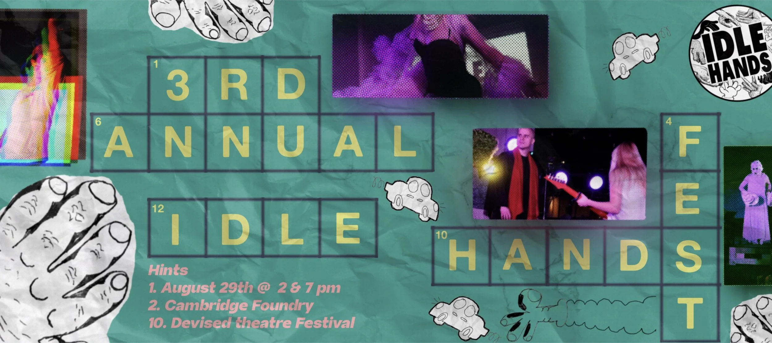 A colorful graphic promoting an event called '3rd Annual Idle Hands Theatre Festival' with images of video game controllers, hands, and photos of performers.