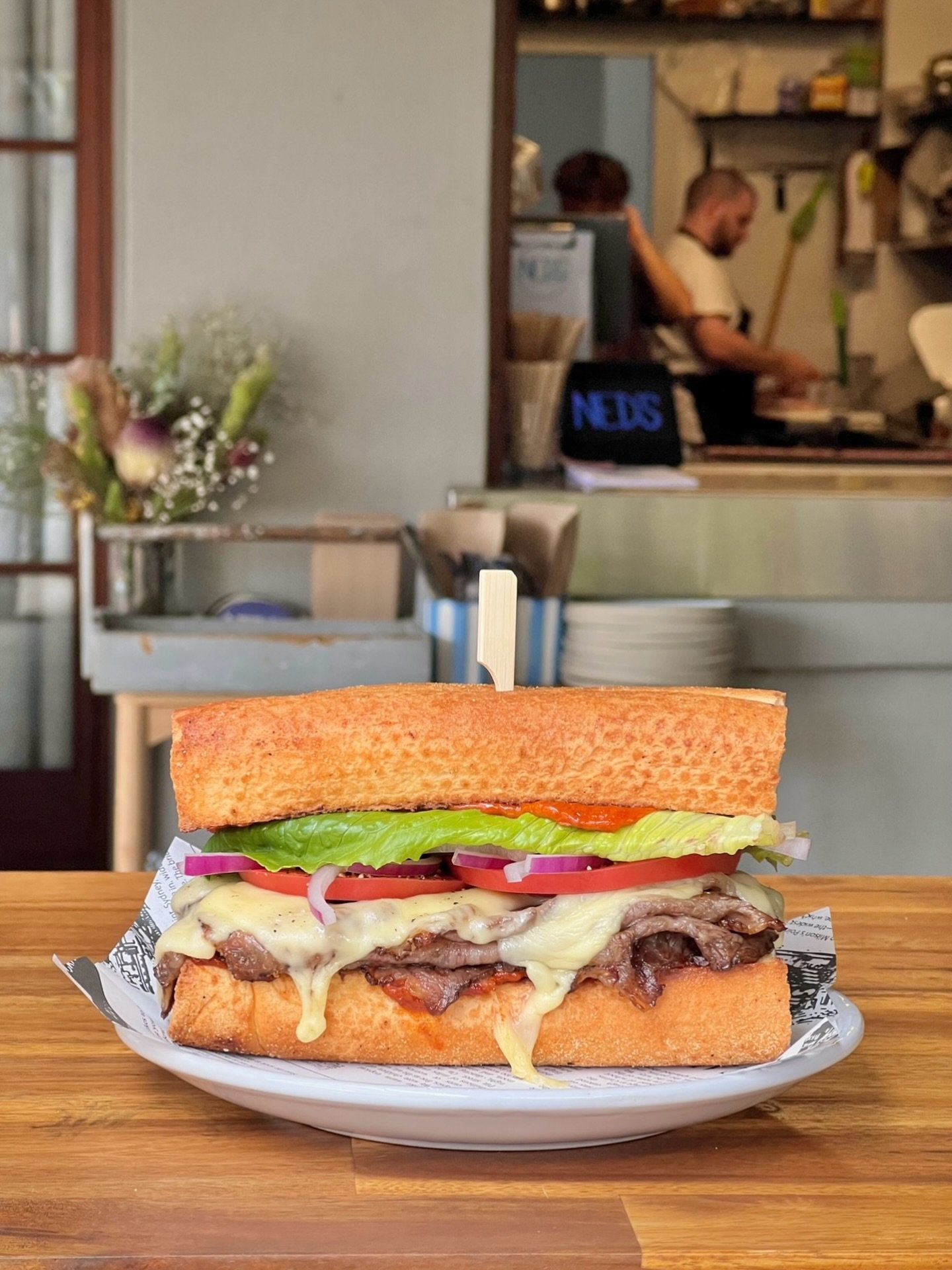 MB7 Smoked Beef Sirloin Baguette. 

Phoenix Wagyu, lettuce, tomato, little bit of onion, melted Swiss cheese and a nice, healthy dollop of smoked chilli mayo. 

Need I say more? 😌🌶️🥖🥩