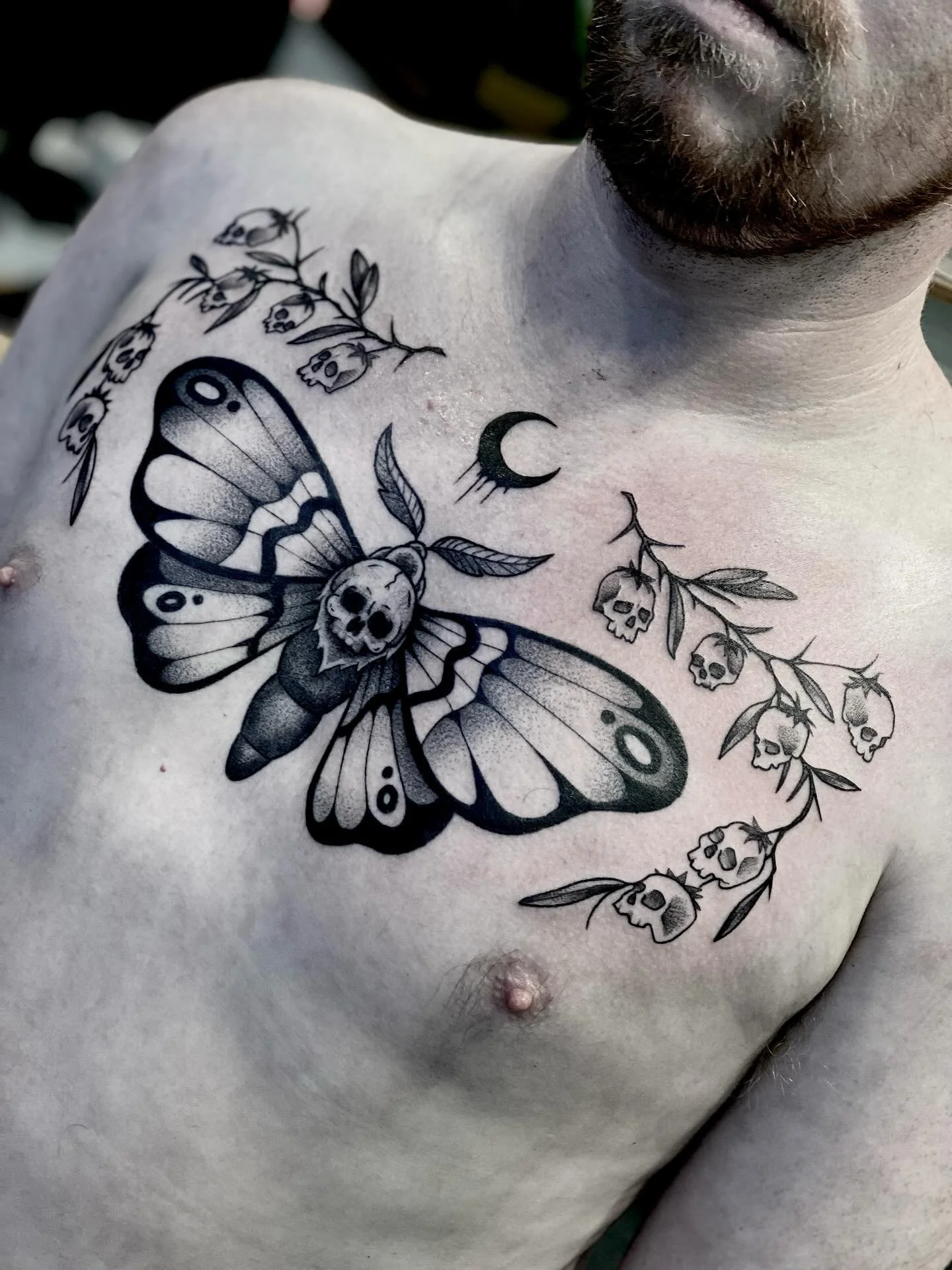 Made some additions to Zach&rsquo;s chest today! Moth healed with some minor touch ups. Thanks again legend! Done at @lostsanctumtattoo 🖤
.
.
.
.
.
#tattoo #goldcoast #tattooartist #tattooflash #gothictattoo
