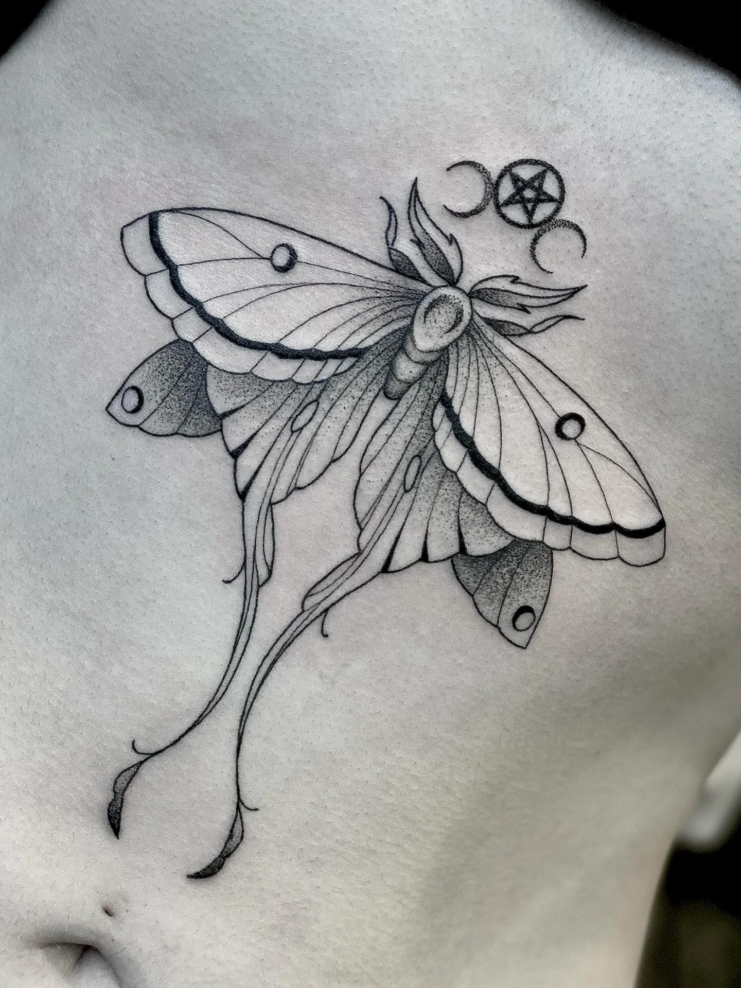 We have been loving moths lately! Thanks to Willow for getting this one. Lines healed, shading fresh. Done at @lostsanctumtattoo 🖤
.
.
.
.
.
#tattoo #goldcoast #tattooartist #tattooflash #mothtattoo