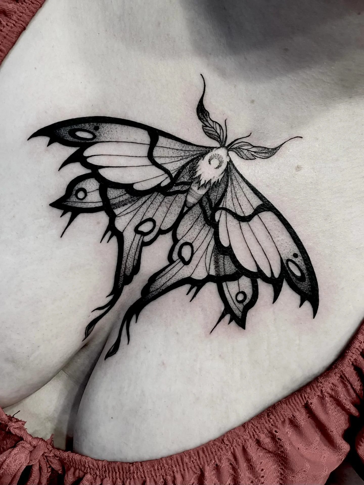 Another day, another moth - for lovely Caitlin 🖤 Thanks as always 🙏🏼 Done today at @lostsanctumtattoo 🖤 (sorry for the glare) 
.
.
.
.
.
#tattoo #goldcoast #tattooartist #tattooflash #lunarmoth