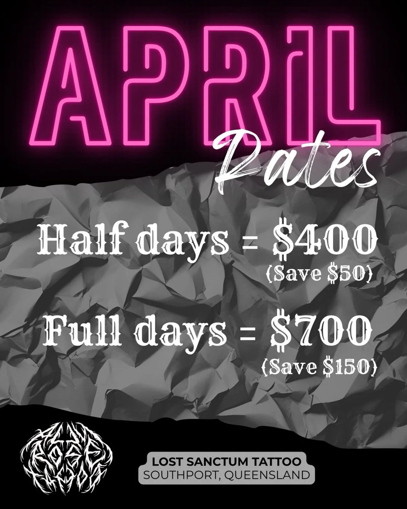 Running some sweet little deals this April! Heavily discounted full and half days for all remaining dates next month! PLUS, if you book multiple days for larger work, I&rsquo;ll lock in your discounted rate future sessions (must be booked prior to en