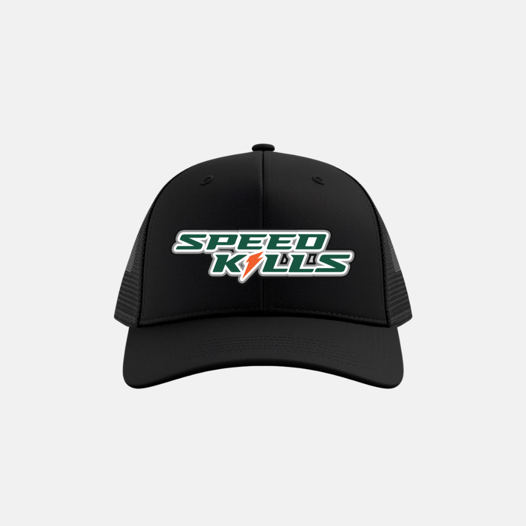 Black speed kills trucker hat.png