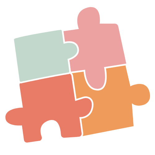 Puzzle en quatre pièces de différentes couleurs (vert, rose, rouge, orange).