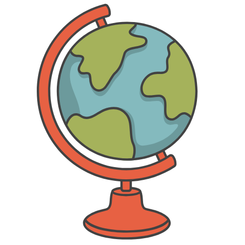 Une illustration d'un globe terrestre avec des continents verts et des océans bleus, monté sur un support rouge.