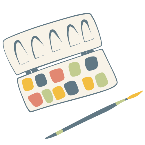 Une palette de peinture avec des couleurs vives et un pinceau au premier plan, vue en plan.