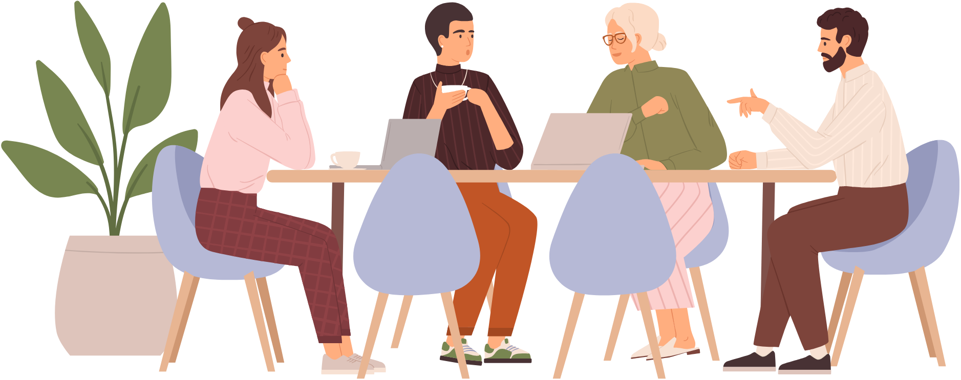 Cinq personnes assises autour d'une table en réunion, utilisant des ordinateurs portables et discutant, dans un environnement intérieur.