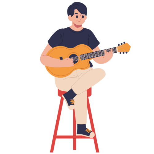 Personne assise sur un tabouret rouge, jouant de la guitare acoustique, portant un t-shirt noir, un pantalon beige et des chaussures noires avec des lacets jaunes.