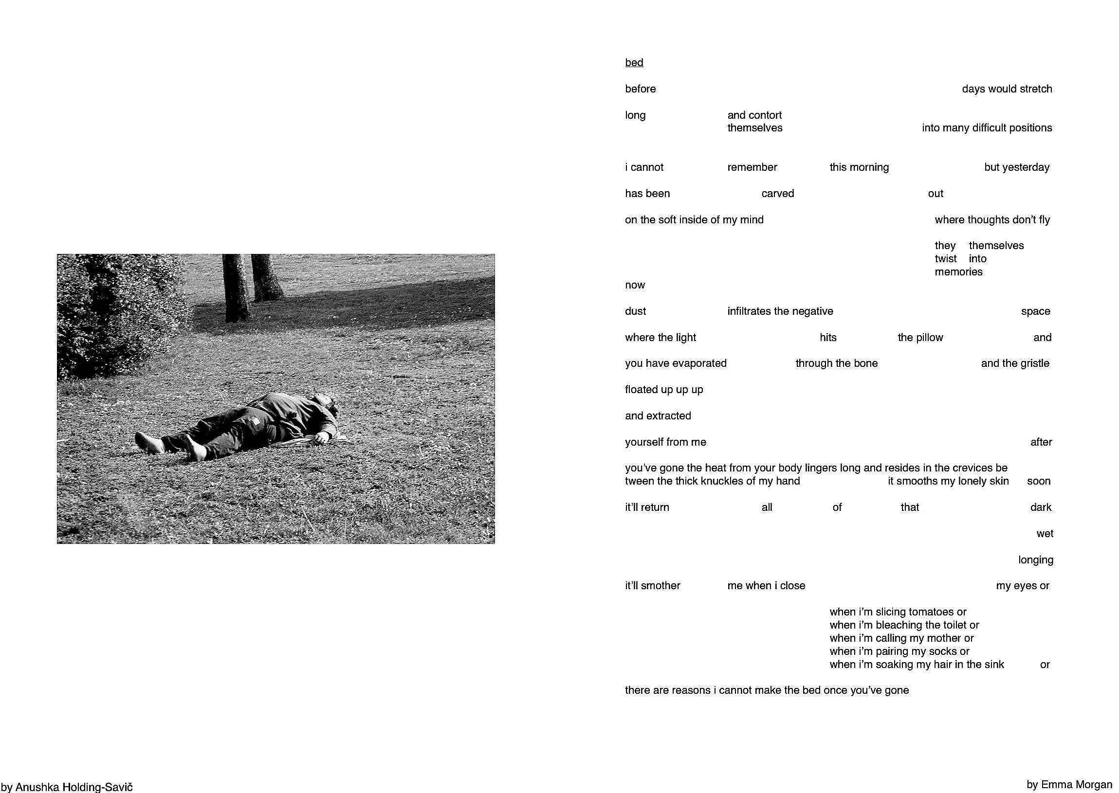 A poem called 'bed', by Emma Morgan, about memory and longing. On the left, there is a black and white photo of a person lying on the ground in a park, with trees and bushes in the background.