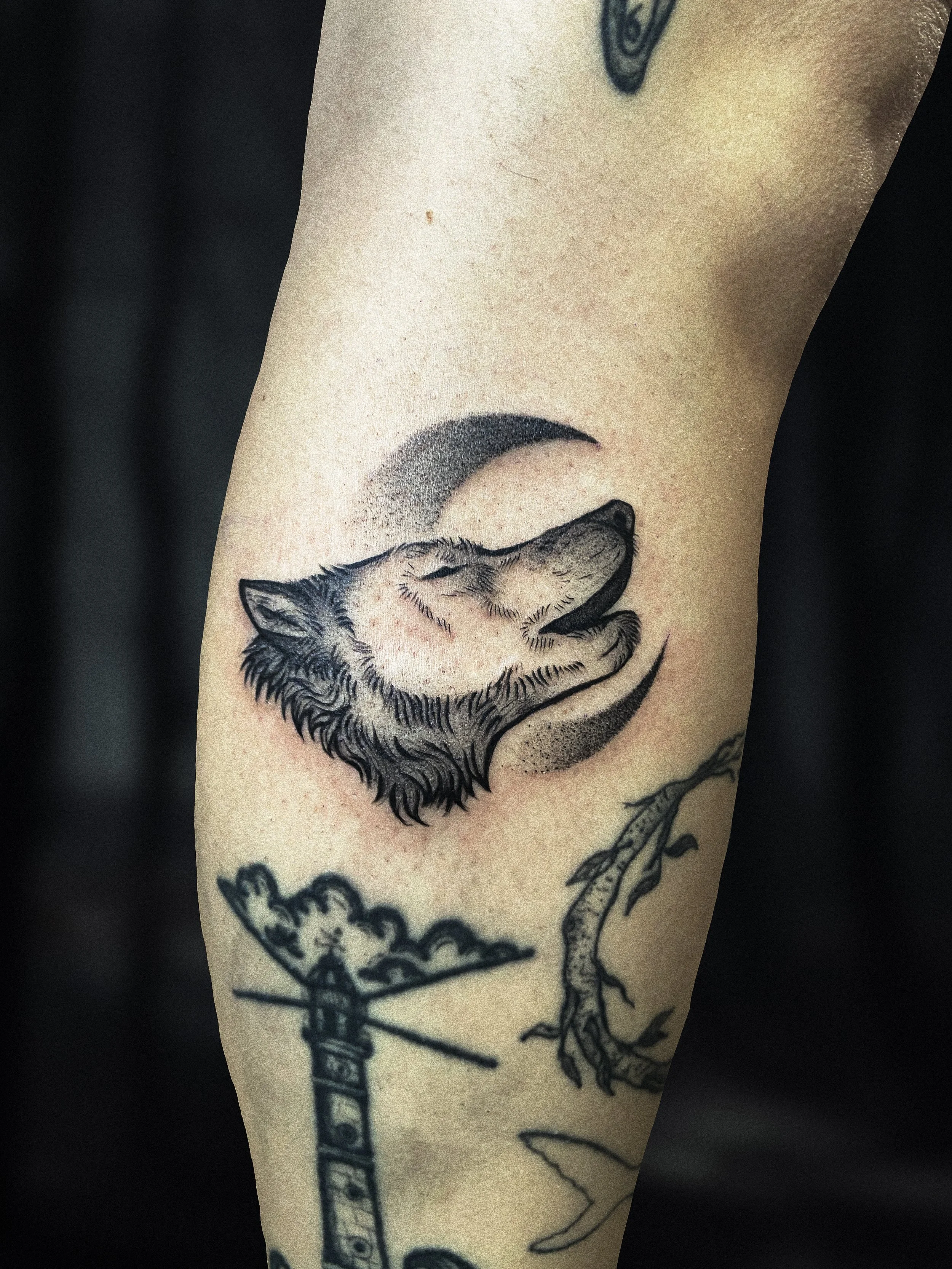 Tattoo of a howling wolf with a moon in the background on a person's arm.