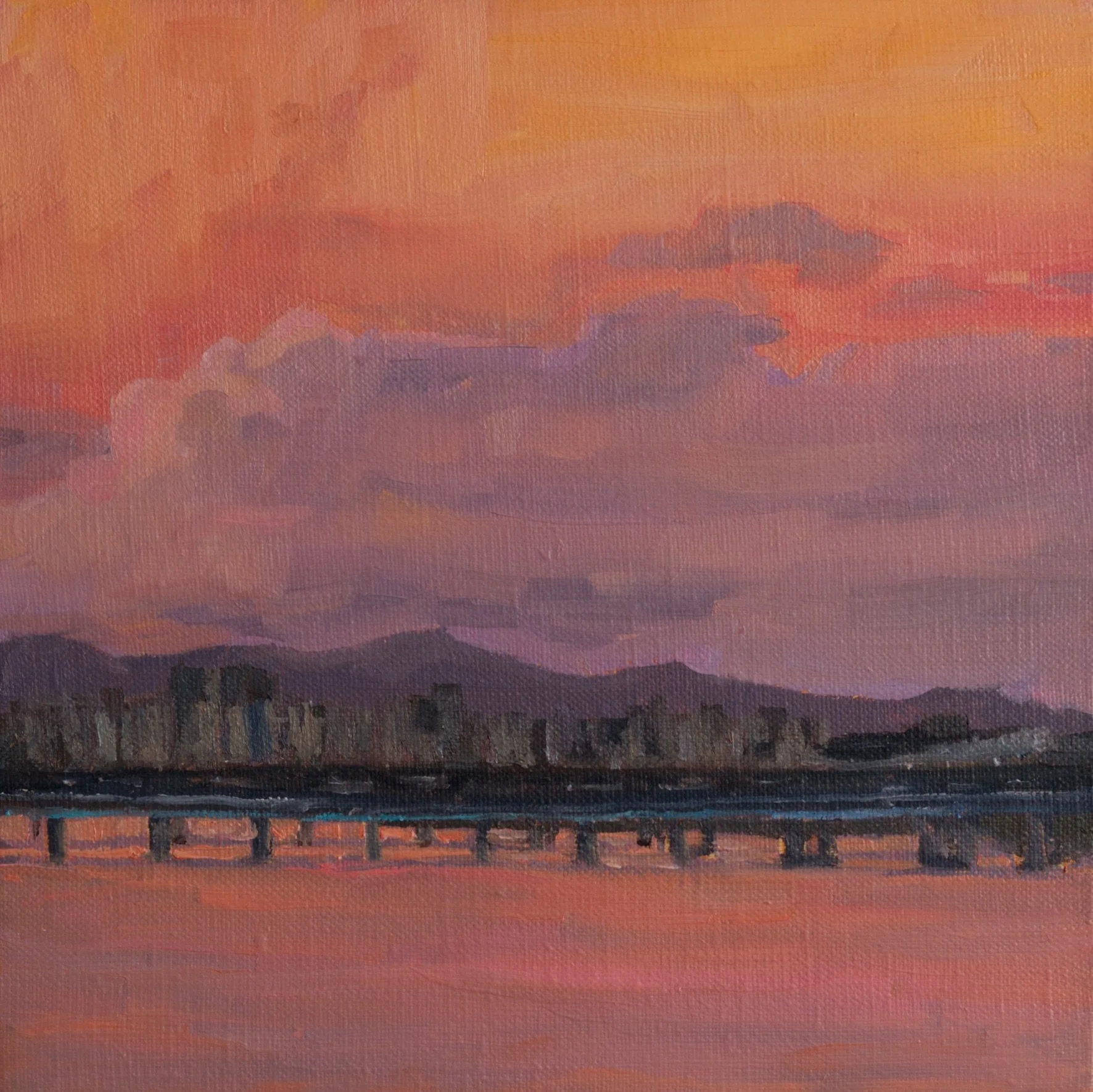 Red sunset over the Han river , 24cm x 24cm x 2cm, oil on linen, 2023