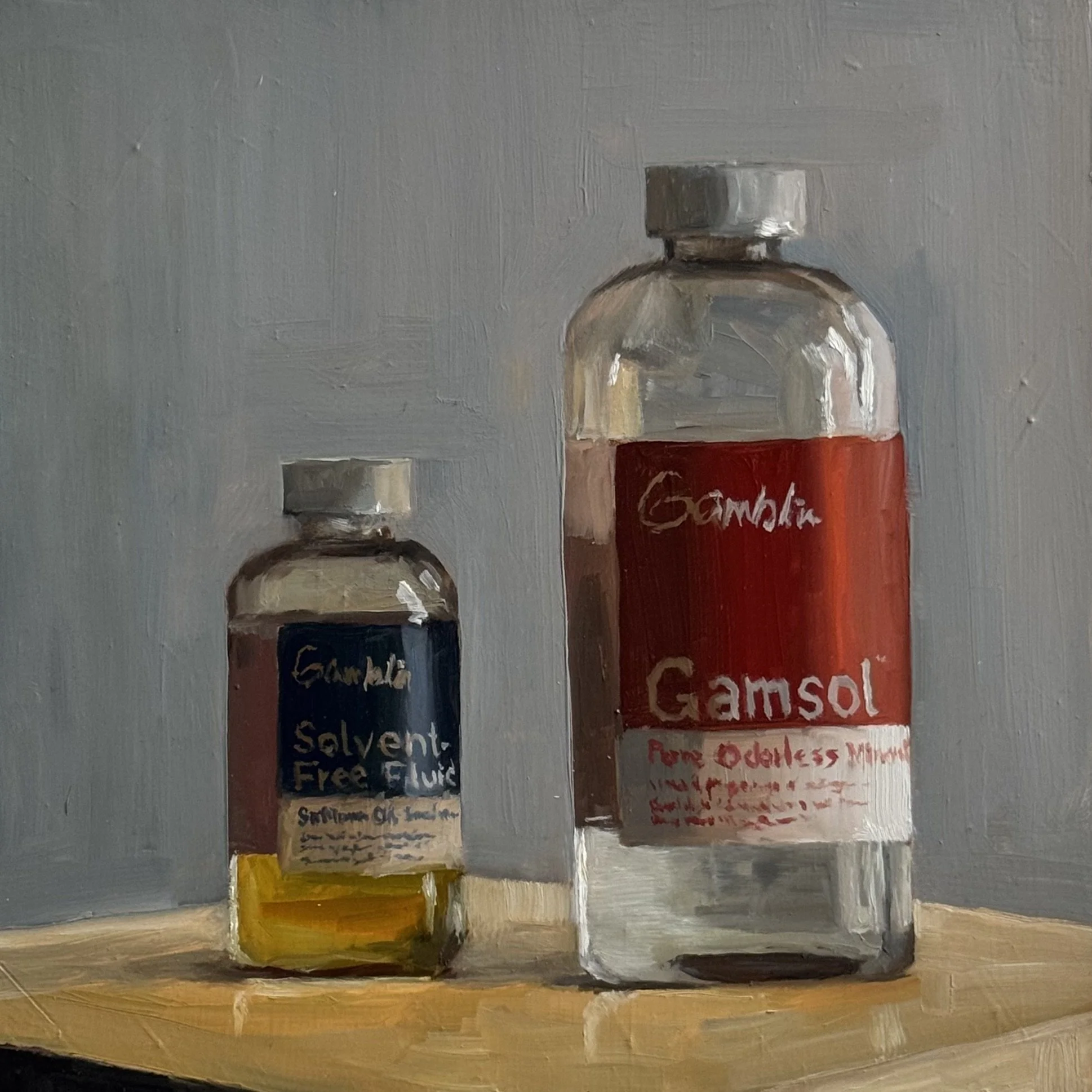 bottle & Bottle, 20cm x 20cm x 0.6cm, oil on woodpanel, 2025 🔴
