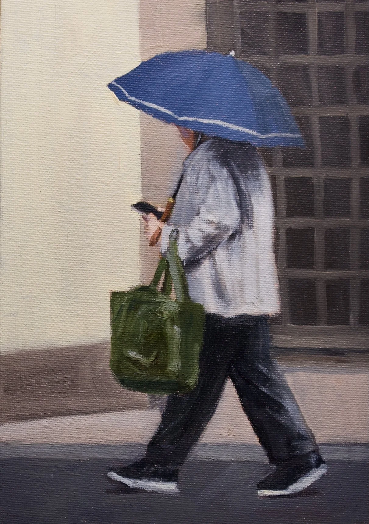 Rainy Tokyo, navy umbrella, 16cm x 22.8cm, oil on canvas panel, 2025