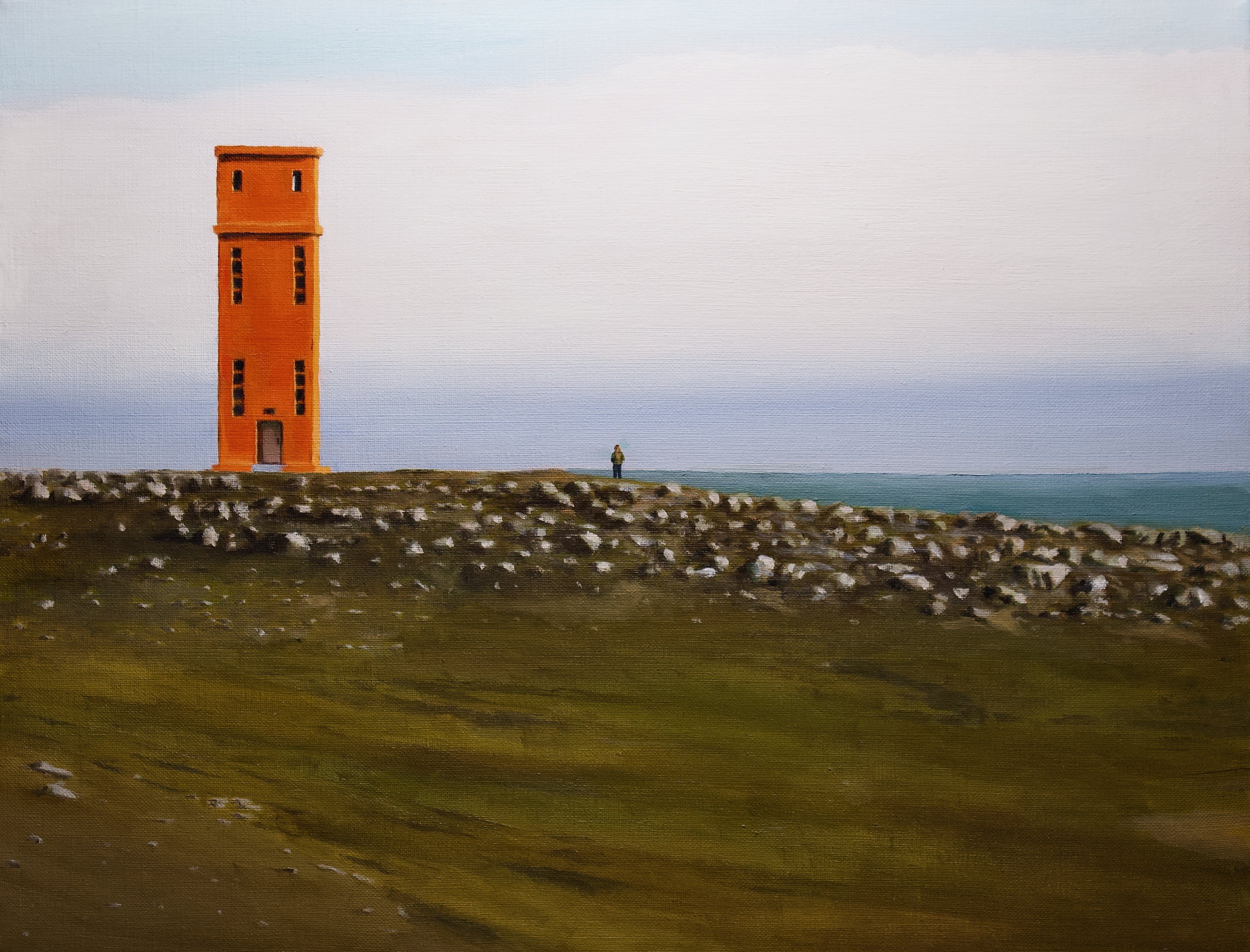 Orange lighthouse, 53cm x 31cm x 2cm, oil on linen, 2024
