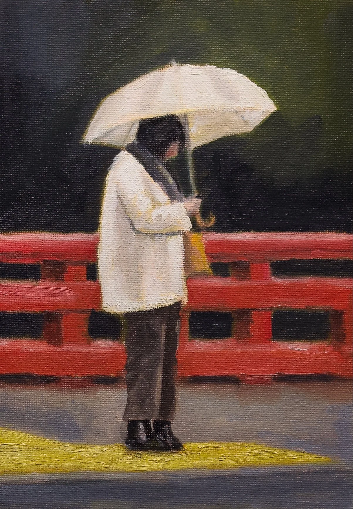 Rainy Tokyo, ivory umbrella, 16cm x 22.8cm, oil on canvas panel, 2025