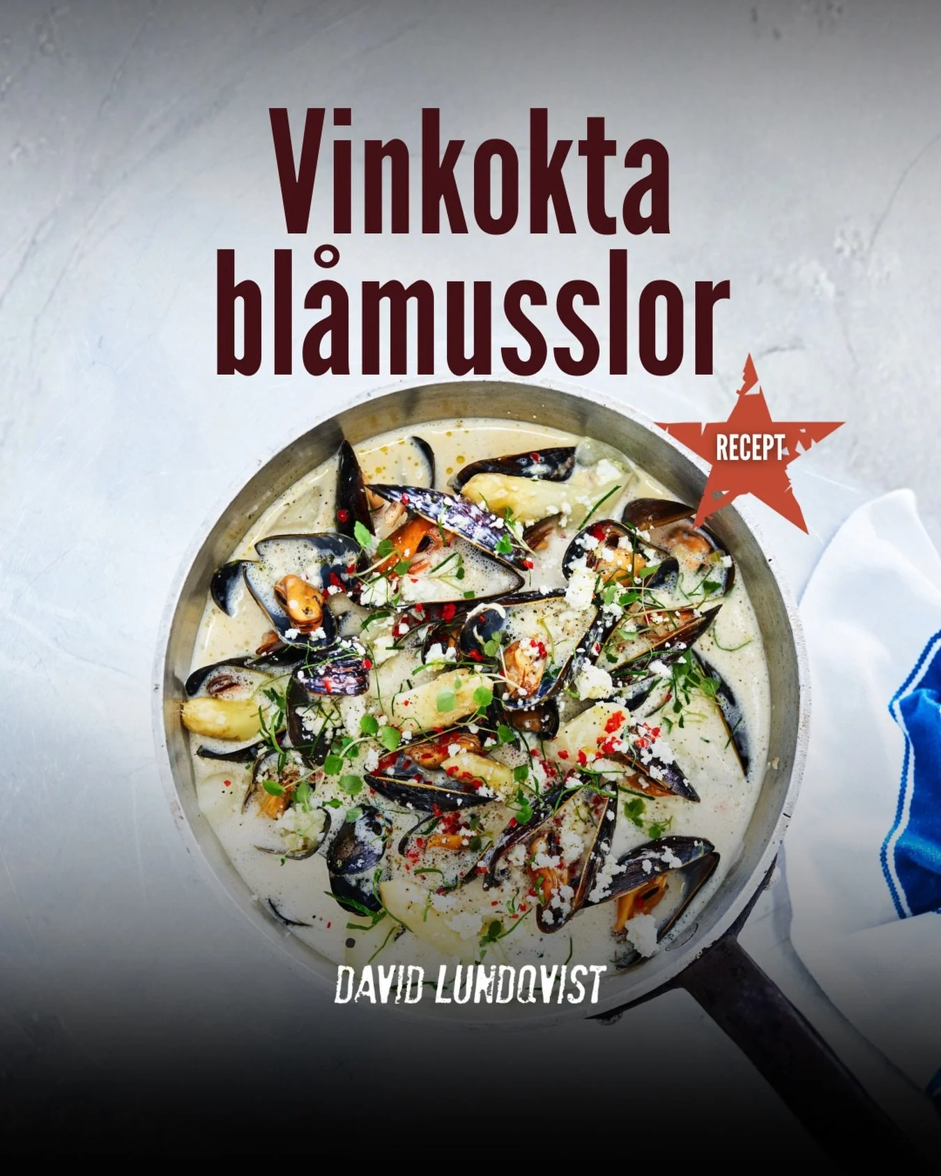 Vinkokta bl&aring;musslor med fond p&aring; vitt vin, f&auml;nk&aring;l och jalapeno, kokta tills de precis &ouml;ppnat sig och sl&auml;ppt all smak i kastrullen. 

Toppas med vit sojamajonn&auml;s, smulad fetaost, chili, lime och krutonger som f&ari