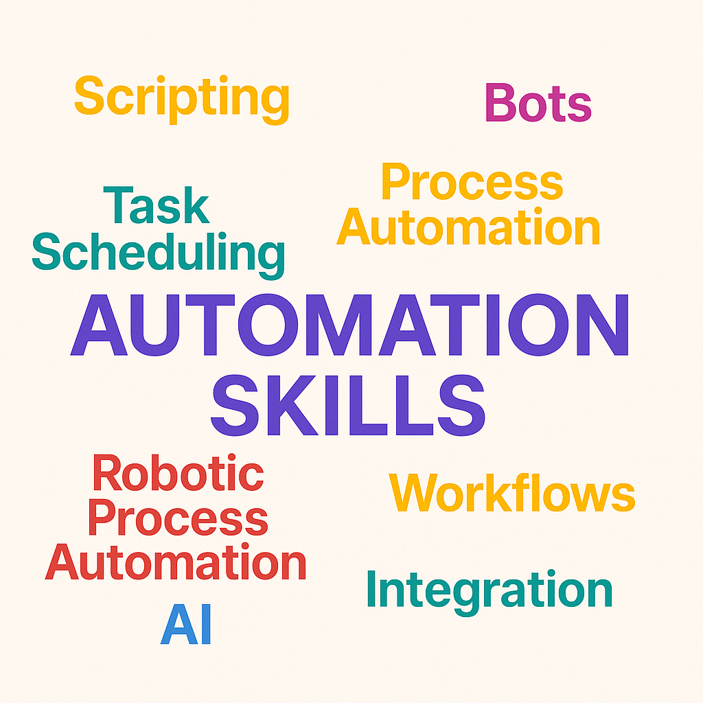 Word cloud with terms related to automation skills, including 'Automation Skills,' 'Scripting,' 'Task Scheduling,' 'Process Automation,' 'Workflow,' 'Robotic Process Automation,' 'AI,' 'Integration,' and 'Bots' in various colors and sizes.