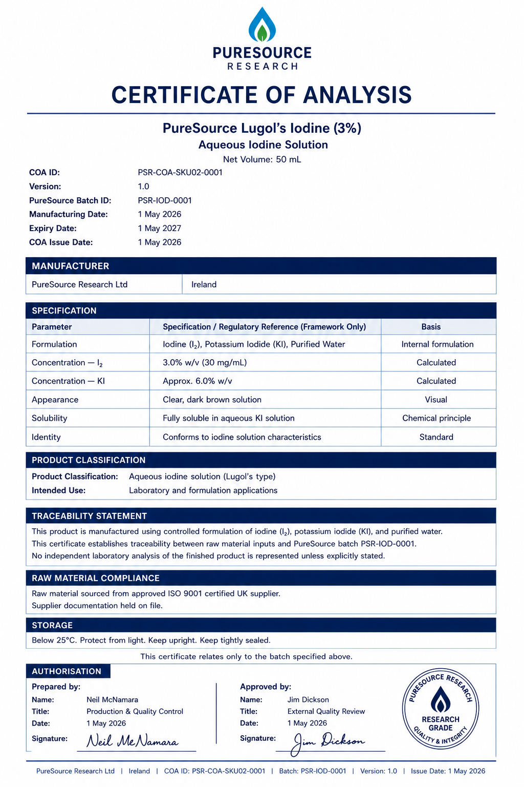 A certificate of analysis for PureSource Lugol's Iodine solution with specifications, manufacturer information, and quality assurance details.