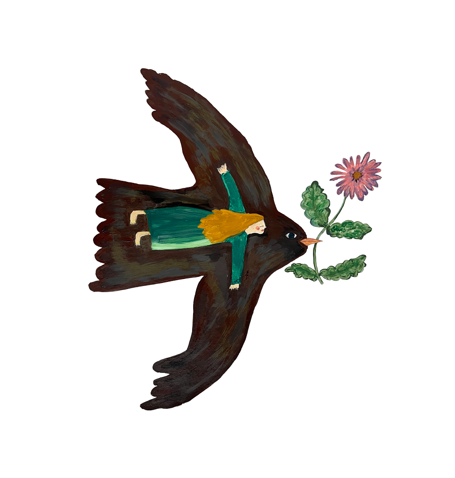 A painted artwork of a swallow with outstretched wings, carrying a small girl in a green dress, with a pink flower and green leaves in its beak.