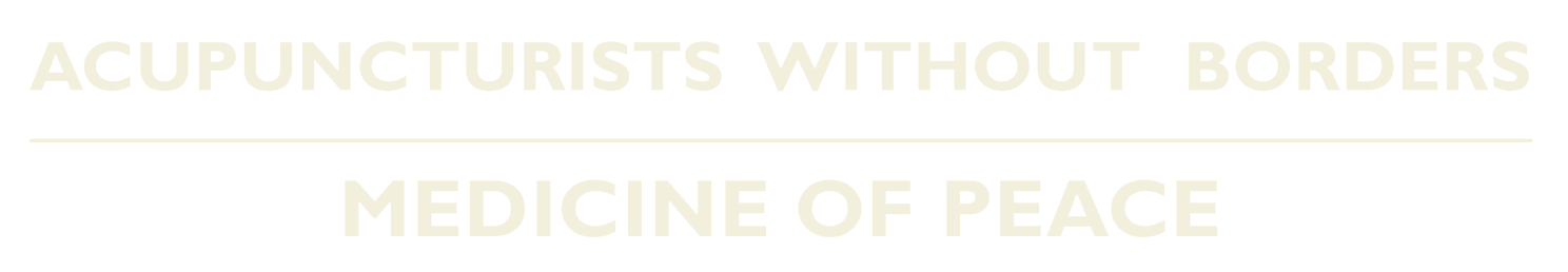 Text reading 'Acupuncturists Without Borders, Medicine of Peace' in a beige colour.