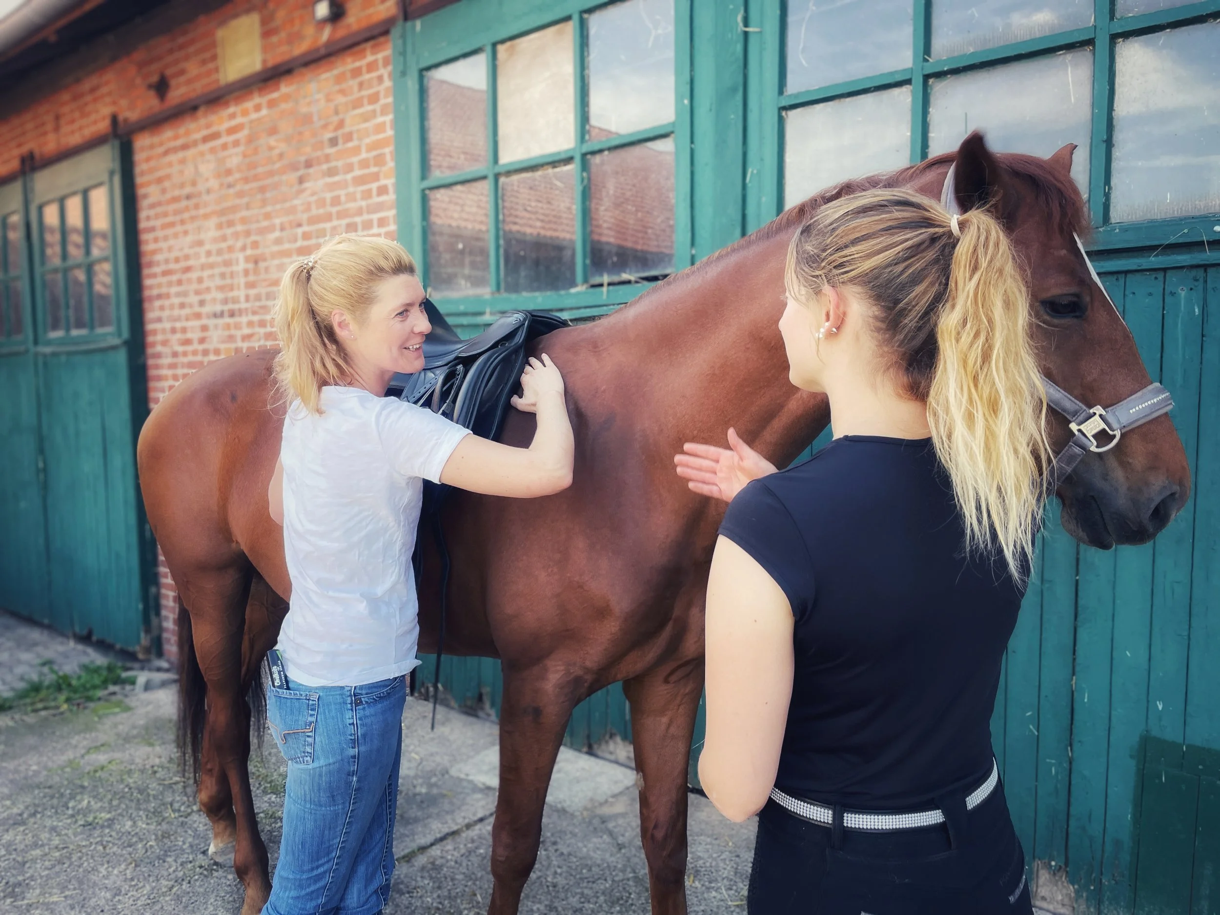 Zwei Frauen bereiten ein Pferd vor, eine mit einem weißen T-Shirt, die andere mit einem schwarzen T-Shirt, vor einem Pferdestall.