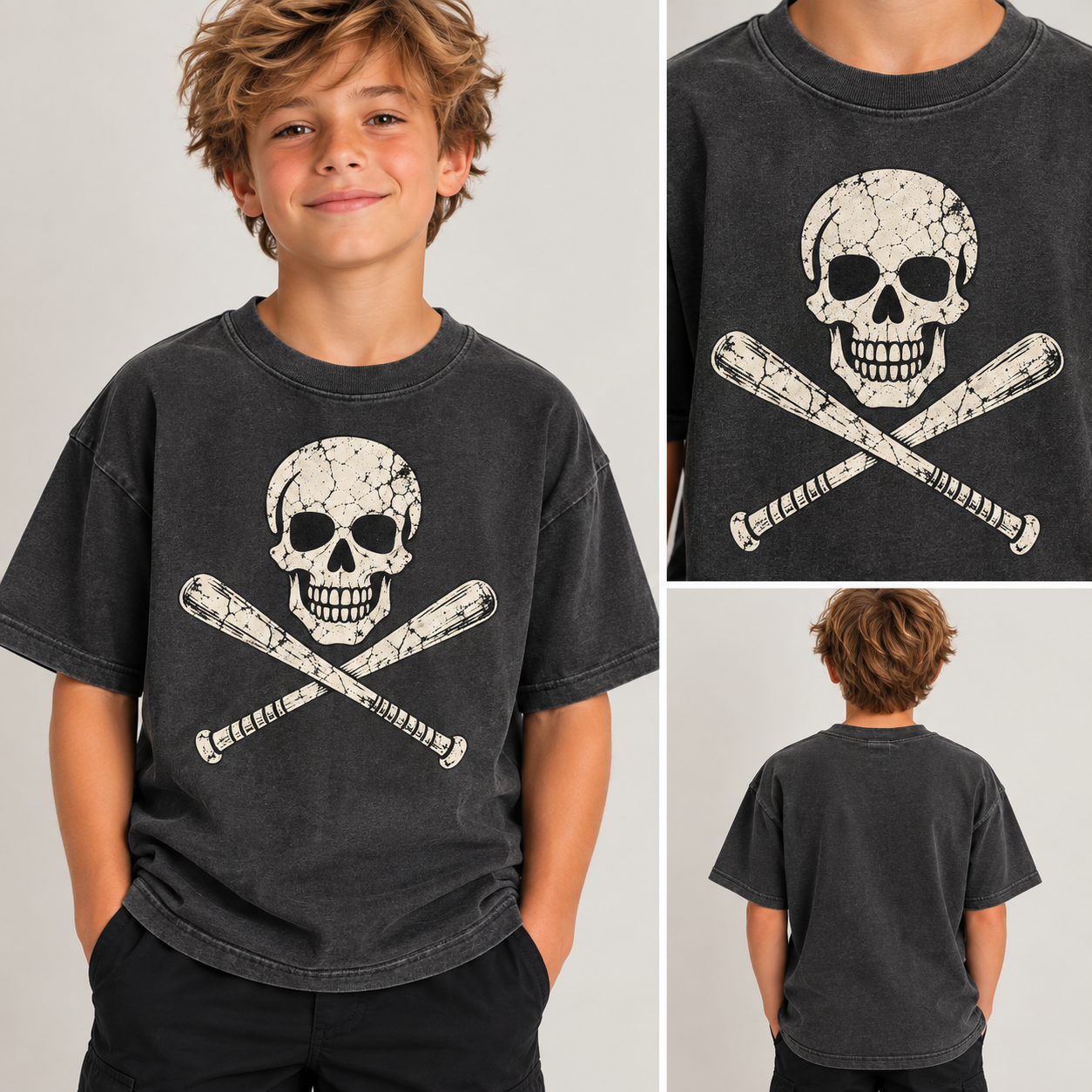 Youth Skull Bat T-Shirt Product Collage.png