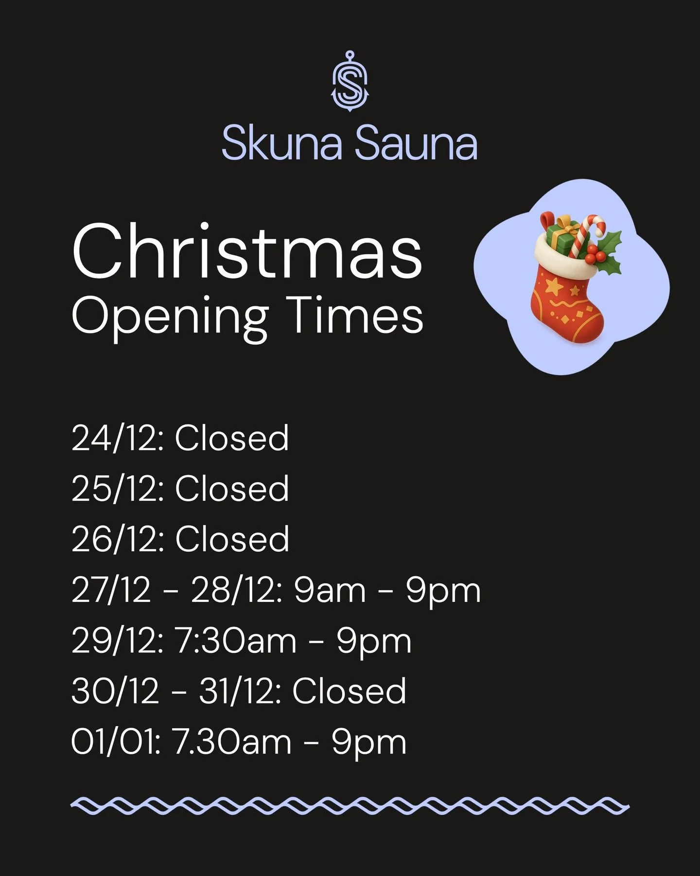 Our opening times at Canary Wharf during the festive break! Hope to see you for a winter reset! 🩵❄️

#skunasauna 
#saunainthecity 
#floatingsauna 
#saunaboat 
#winterwellness 
#skuna 
#canarywharf 
#christmasincanarywharf 
#westindiaquay 
@skunaboat