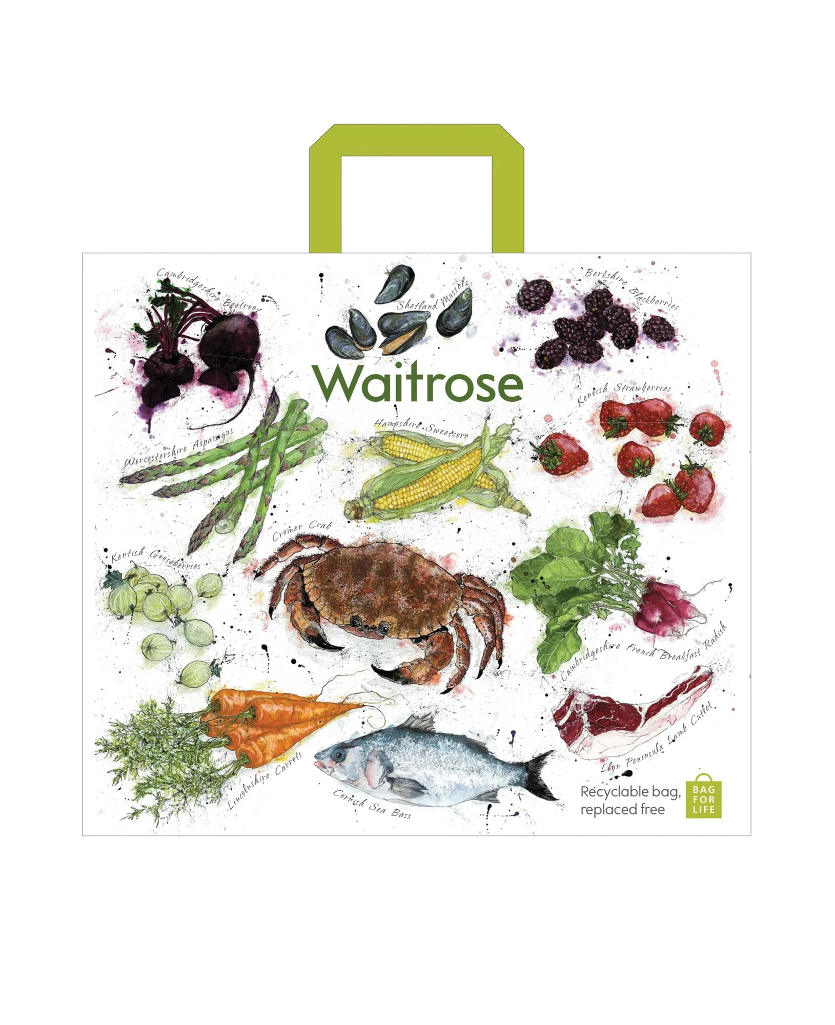 A Waitrose bag for life featuring Emma's illustrations of fruits, vegetables, and fish.