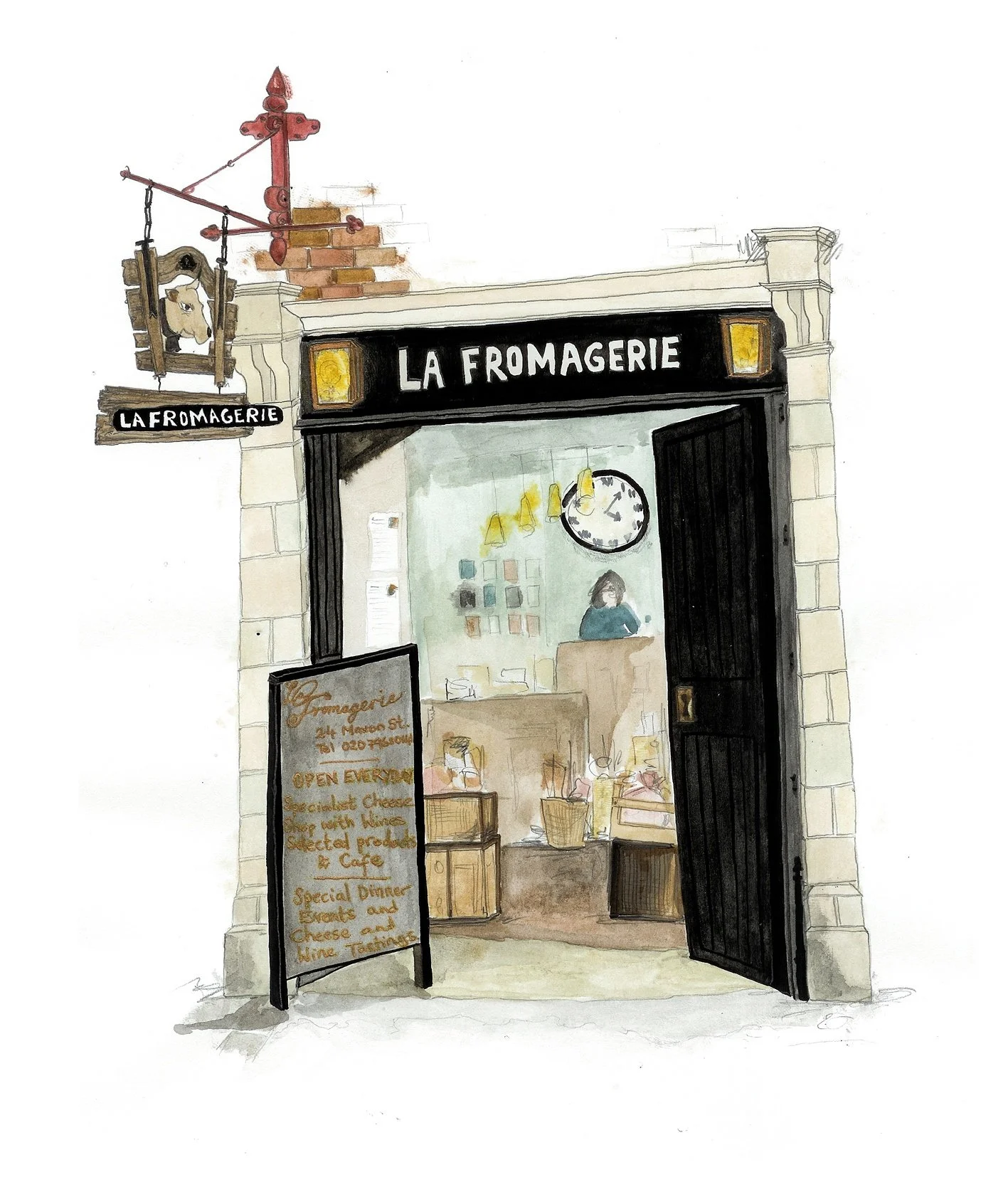 An illustration of the front of a shop. The door is black with title board above that reads 'La Fromagerie'.
