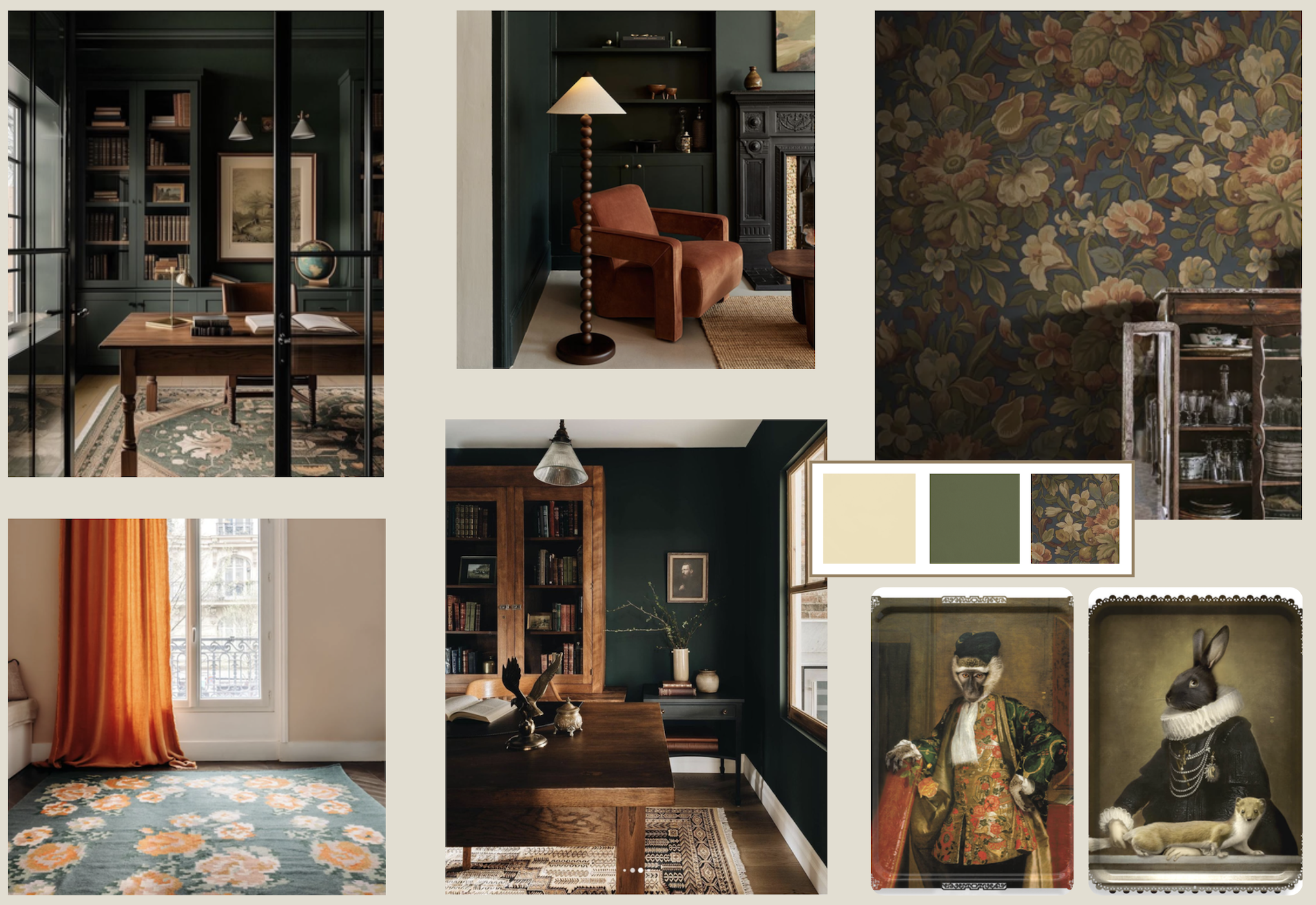 Planche d'ambiance pour un cabinet d'avocat dans un esprit anglais, couleurs franches et objets surannés