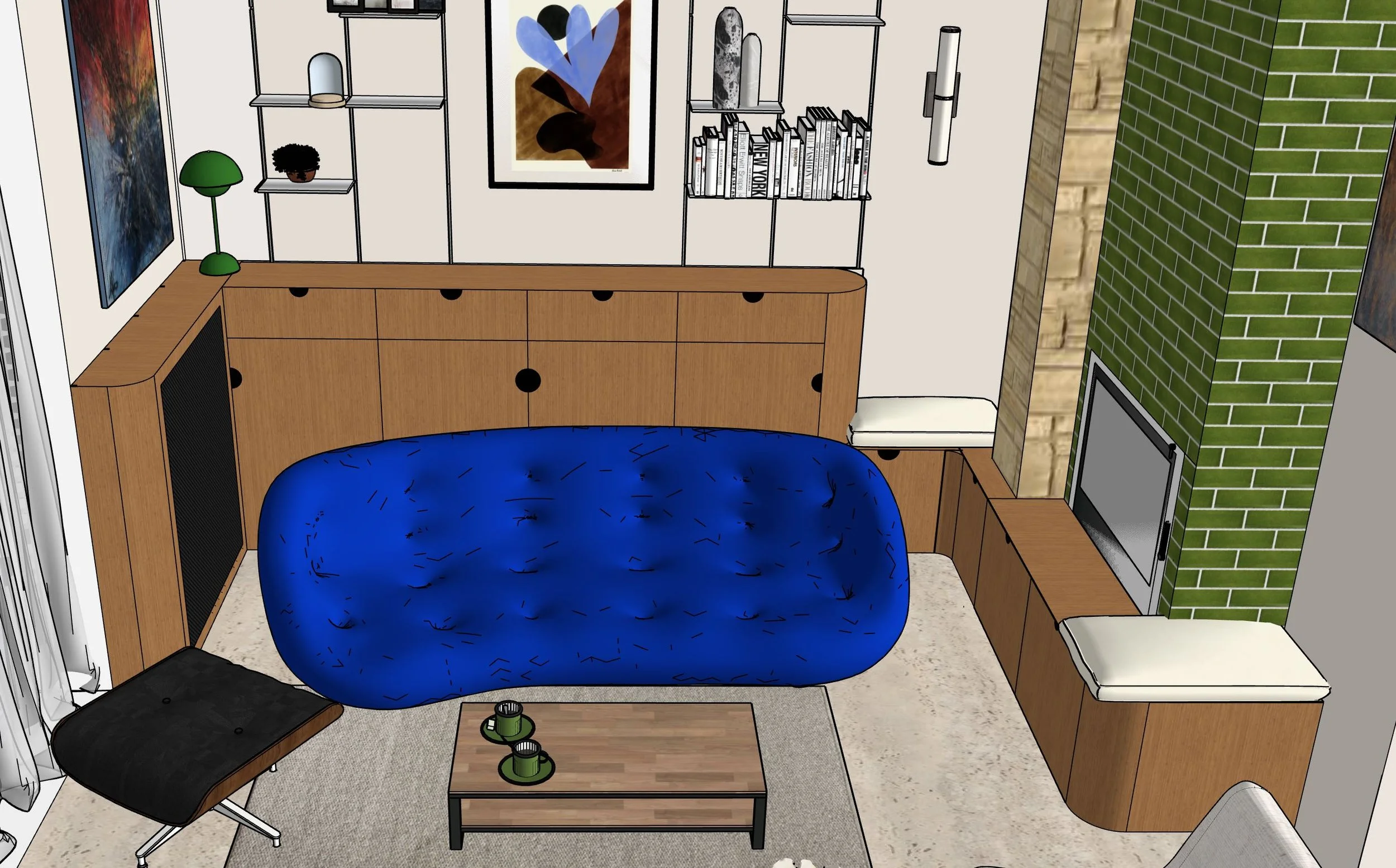 Vue 3D d'un espace salon avec mobilier sur mesure, canapé ploum et étagères en aluminium